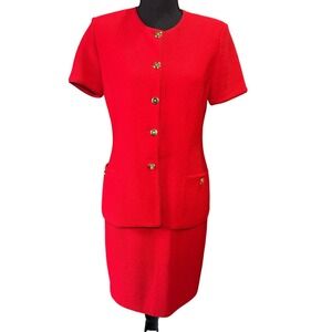 ST. JOHN Collection Red Knit Skirt Suit Set Short Sleeve Blazer Midi Skirt‎ 2